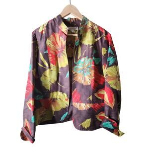 COLDWATER CREEK Brown Red SILK Floral Career Night Out Open Front Blazer SZ PXL